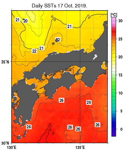 近畿・中国・四国周辺海域の海面水温分布図（10月17日）
