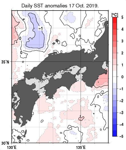 近畿・中国・四国周辺海域の海面水温平年差分布図（10月17日）