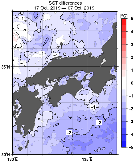 近畿・中国・四国周辺海域の10日間の海面水温変化量分布図（10月17日）