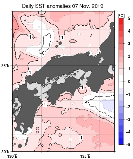 近畿・中国・四国周辺海域の海面水温平年差分布図（11月7日）