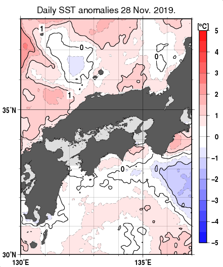 近畿・中国・四国周辺海域の海面水温平年差分布図（11月28日）