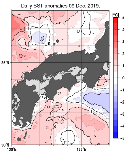 近畿・中国・四国周辺海域の海面水温平年差分布図（12月9日）