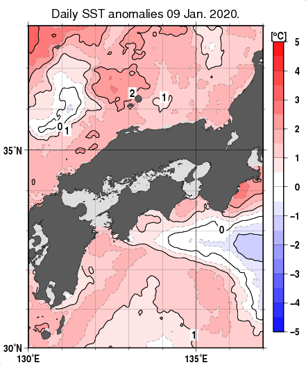 近畿・中国・四国周辺海域の海面水温平年差分布図（1月9日）