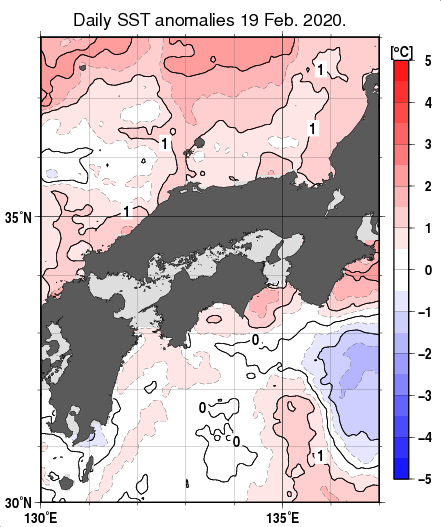 近畿・中国・四国周辺海域の海面水温平年差分布図（2月19日）