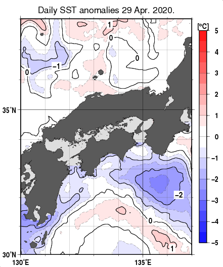 近畿・中国・四国周辺海域の海面水温平年差分布図（4月29日）