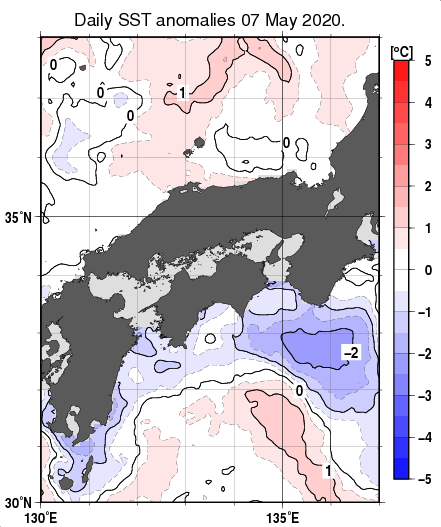 近畿・中国・四国周辺海域の海面水温平年差分布図（5月7日）