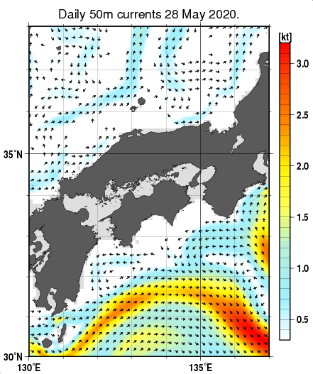 近畿・中国・四国周辺海域の深さ50mの海流分布図（5月28日）