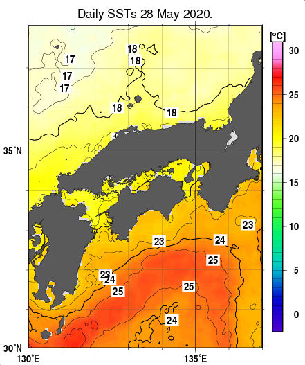 近畿・中国・四国周辺海域の海面水温分布図（5月28日）