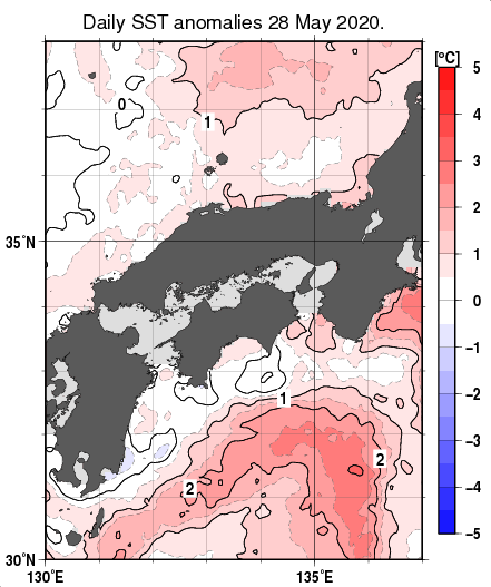 近畿・中国・四国周辺海域の海面水温平年差分布図（5月28日）