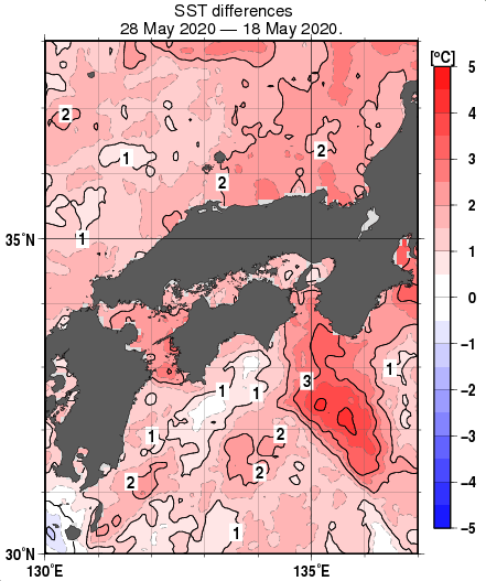 近畿・中国・四国周辺海域の10日間の海面水温変化量分布図（5月28日）