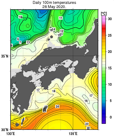 近畿・中国・四国周辺海域の深さ100mの水温分布図（5月28日）