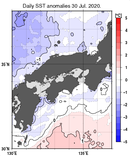 近畿・中国・四国周辺海域の海面水温平年差分布図（7月30日）