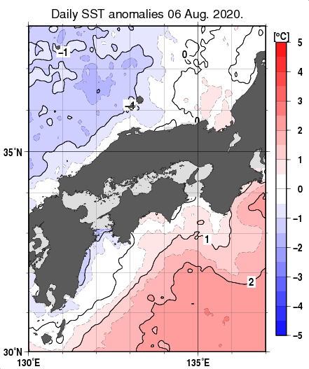 近畿・中国・四国周辺海域の海面水温平年差分布図（8月6日）