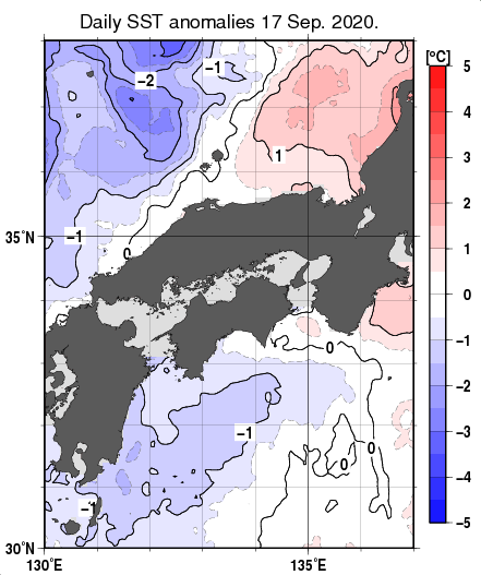 近畿・中国・四国周辺海域の海面水温平年差分布図（9月17日）