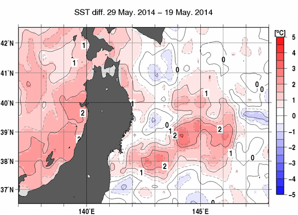 東北周辺海域の10日間の海面水温変化量分布図（5月29日）