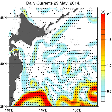 本州・北海道東方海域の深さ50mの海流分布図  (5月29日) 