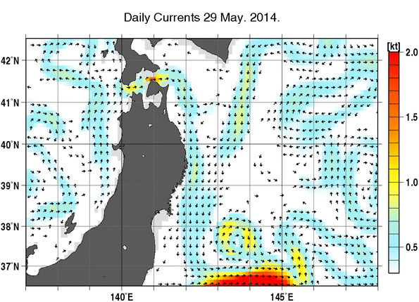 東北周辺海域の深さ50mの海流分布図（5月29日）