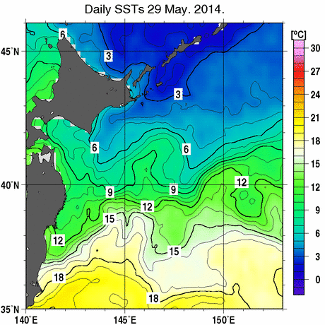 本州・北海道東方海域の海面水温分布図 (5月29日)