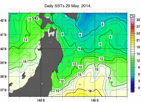 東北周辺海域の海面水温分布図（5月29日）