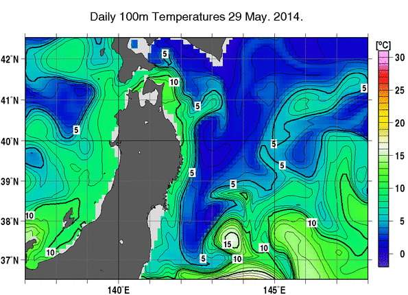 東北周辺海域の深さ100mの水温分布図（5月29日）