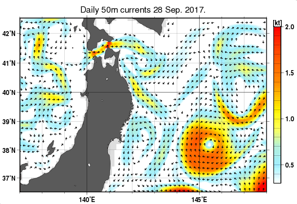 東北周辺海域の深さ50mの海流分布図（9月28日）
