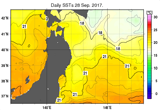 東北周辺海域の海面水温分布図（9月28日）