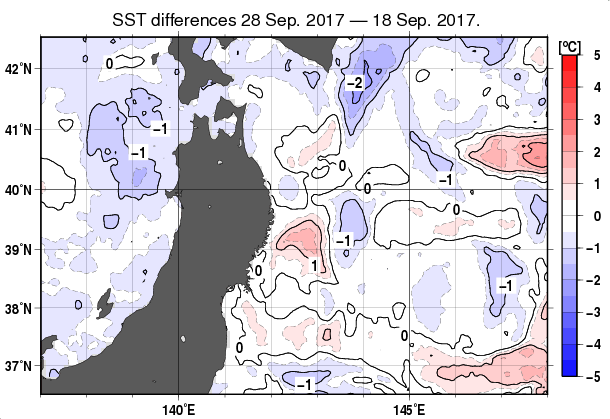 東北周辺海域の10日間の海面水温変化量分布図（9月28日）