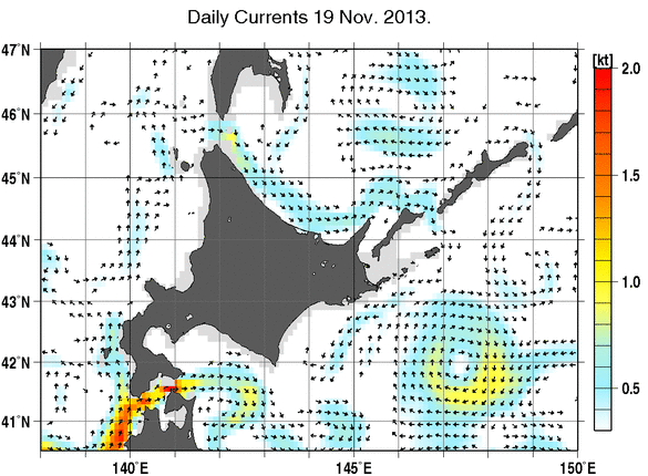 北海道周辺海域の深さ50mの海流分布図（11月19日）