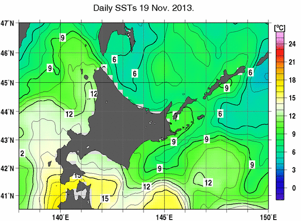 北海道周辺海域の海面水温分布図（11月19日）
