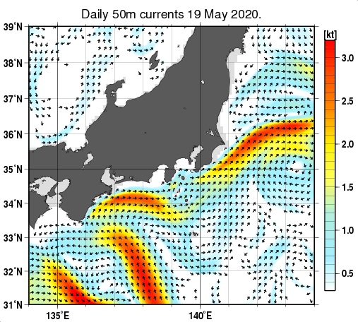 関東・東海・北陸周辺海域の深さ50mの海流分布図（5月19日）