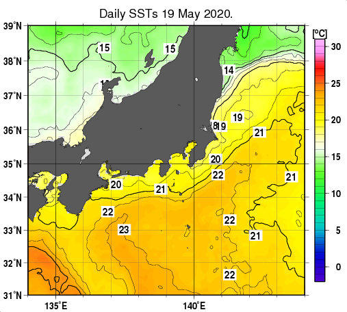 関東・東海・北陸周辺海域の海面水温分布図（5月19日）