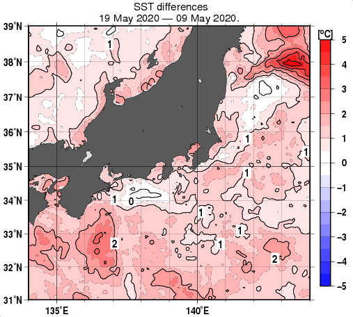 関東・東海・北陸周辺海域の10日間の海面水温変化量分布図（5月19日）