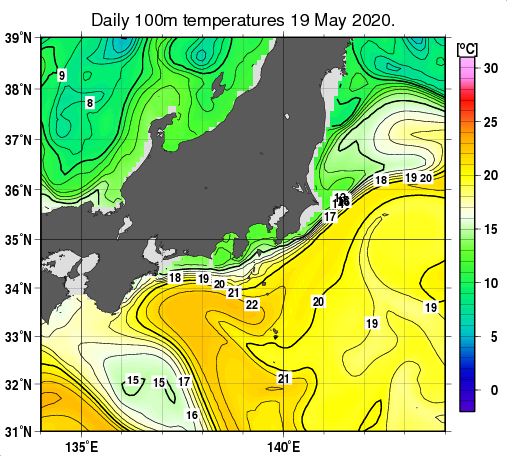 関東・東海・北陸周辺海域の深さ100mの水温分布図（5月19日）