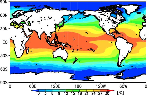 図1a　海面水温の平年値の分布（単位：℃）