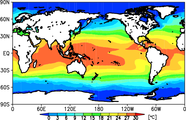 図1b　海面水温の平年値の分布（単位：℃）