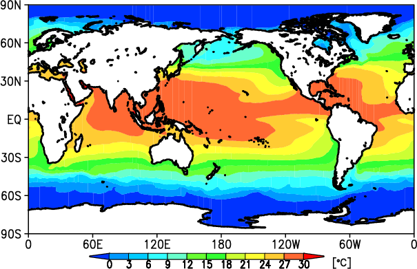 図1c　海面水温の平年値の分布（単位：℃）