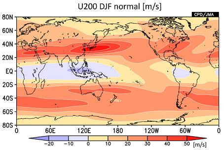 200hPa東西風平年値(冬)