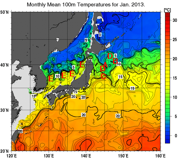 日本近海の深さ100mの月平均水温分布図（2013年1月）