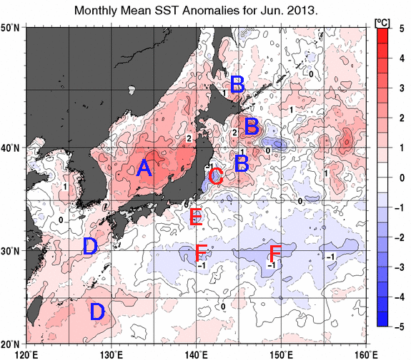 日本近海の月平均海面水温平年差分布図（2013年6月）