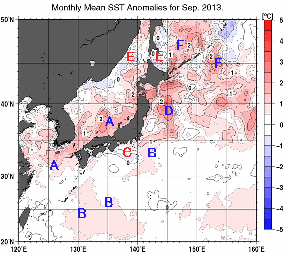日本近海の月平均海面水温平年差分布図（2013年9月）