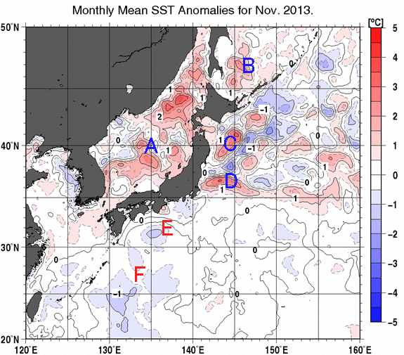 日本近海の月平均海面水温平年差分布図（2013年11月）