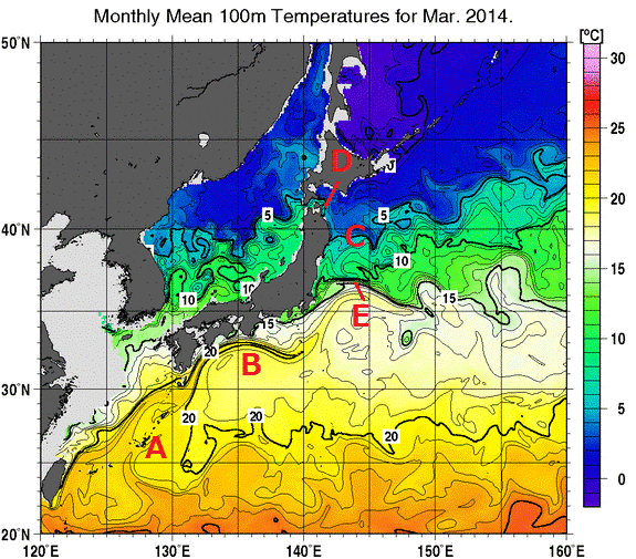 日本近海の深さ100mの月平均水温分布図（2014年3月）