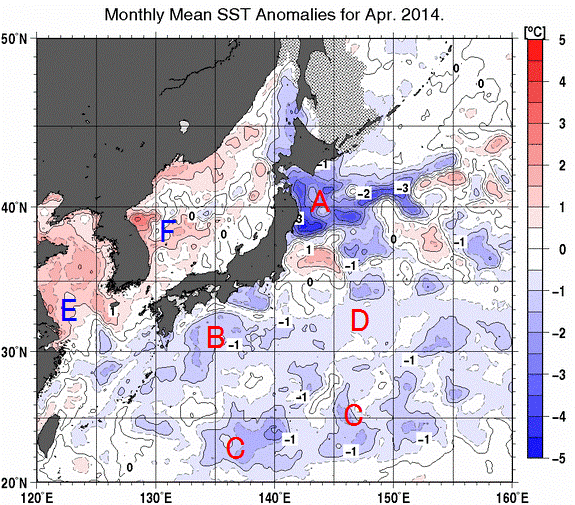 日本近海の月平均海面水温平年差分布図（2014年4月）