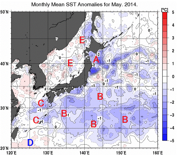 日本近海の月平均海面水温平年差分布図（2014年5月）