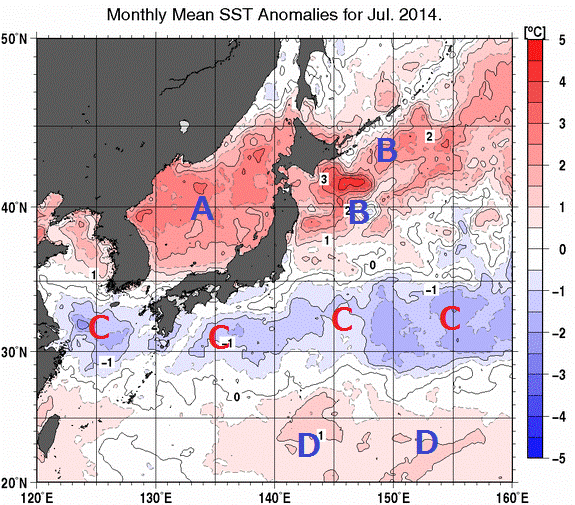 日本近海の月平均海面水温平年差分布図（2014年7月）