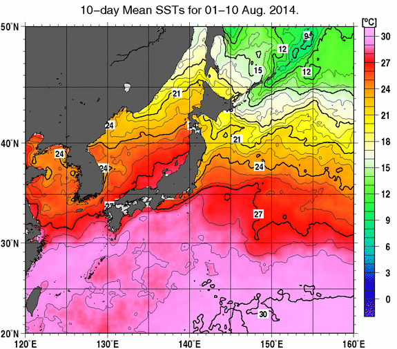 日本近海の旬平均海面水温分布図（2014年8月上旬）