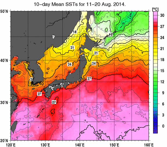 日本近海の旬平均海面水温分布図（2014年8月中旬）