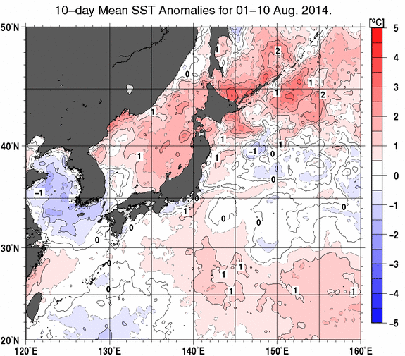 日本近海の旬平均海面水温平年差分布図（2014年8月上旬）
