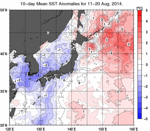日本近海の旬平均海面水温平年差分布図（2014年8月中旬）
