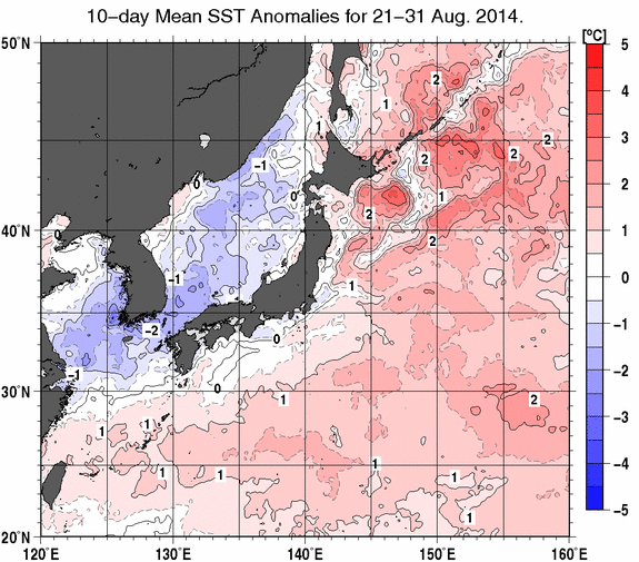 日本近海の旬平均海面水温平年差分布図（2014年8月下旬）